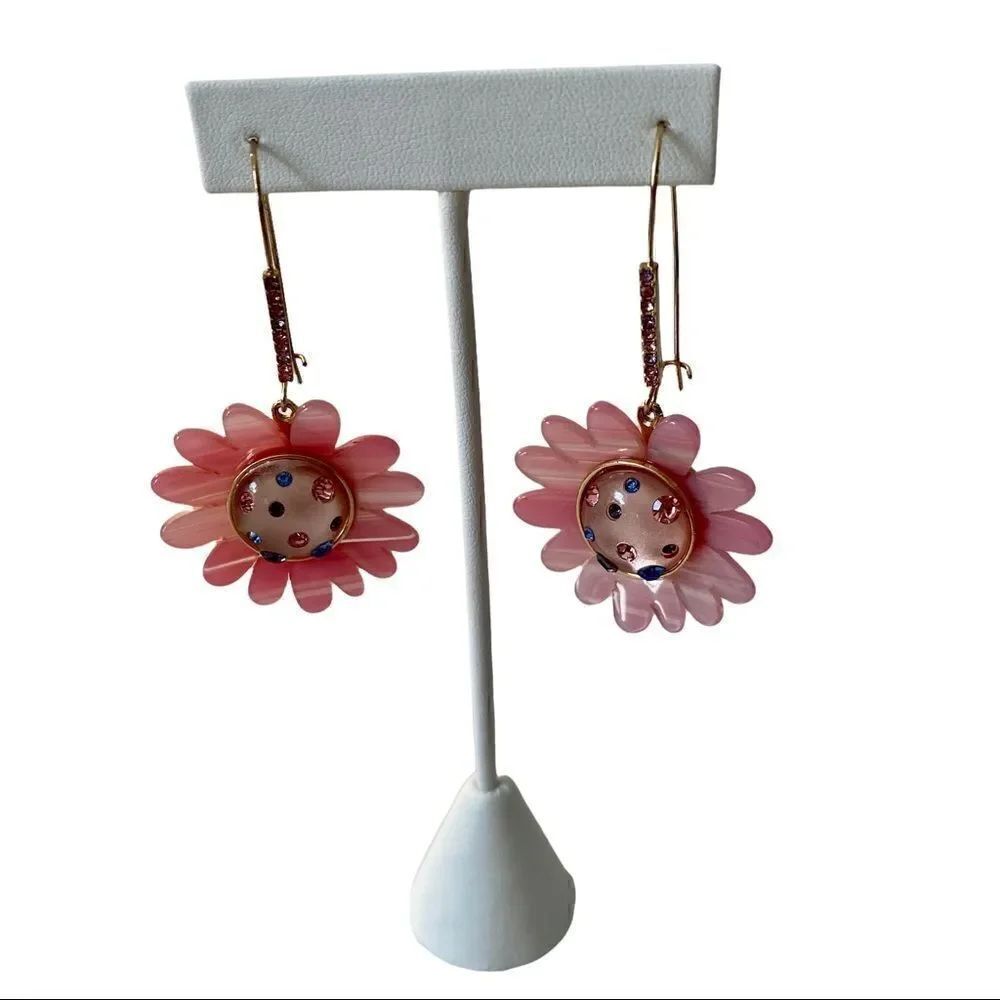 Betsey Johnson Long Wire Pink Flower Drop Earrings.